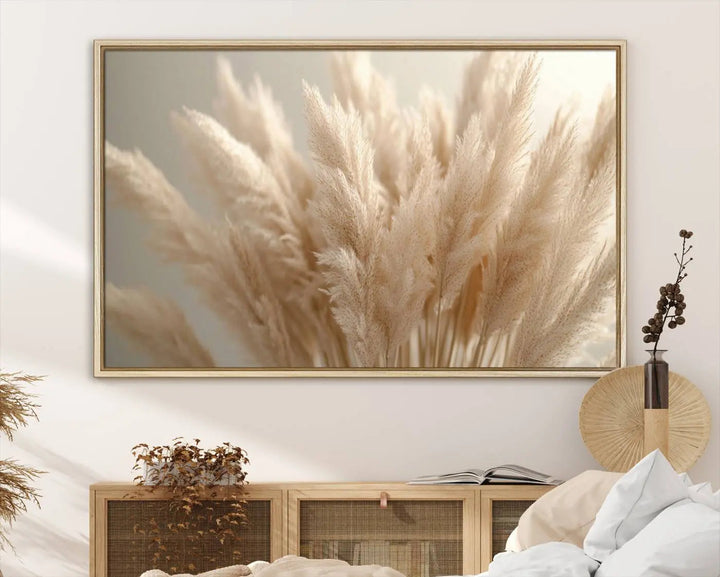 Pampas Grass Canvas Wall Art - Elegant Neutral Decor for Living Room, Boho Minimalist Artwork, Ready to Hang