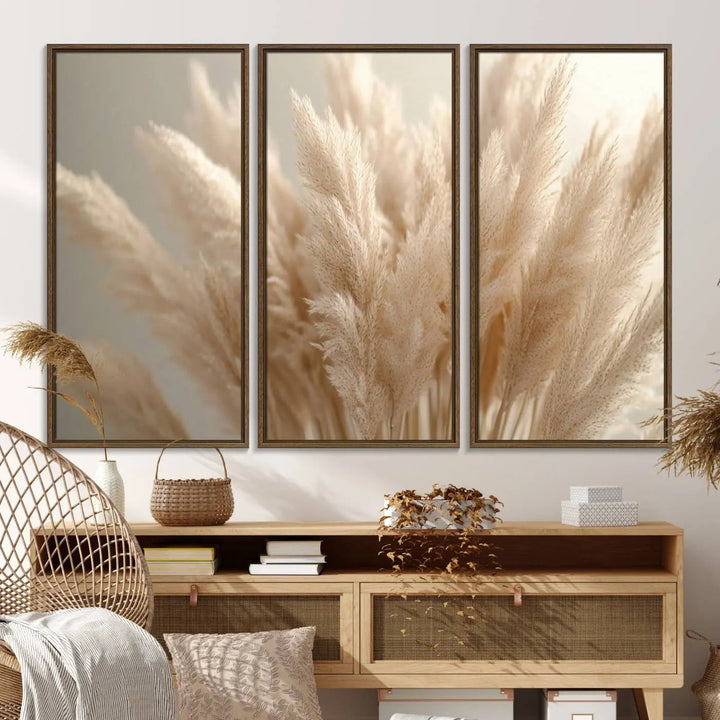 Pampas Grass Canvas Wall Art - Elegant Neutral Decor for Living Room, Boho Minimalist Artwork, Ready to Hang
