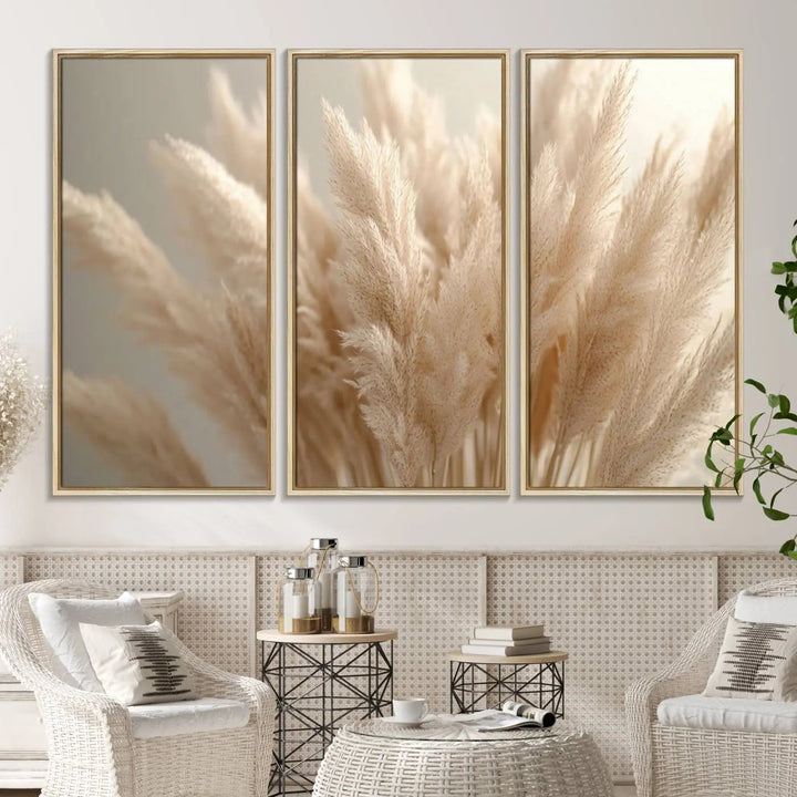 Pampas Grass Canvas Wall Art - Elegant Neutral Decor for Living Room, Boho Minimalist Artwork, Ready to Hang