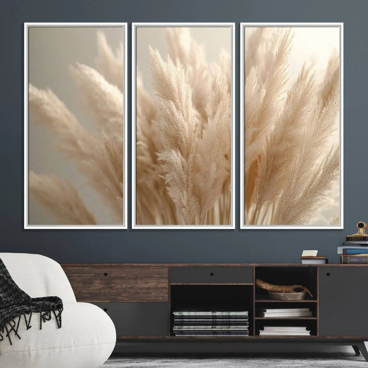 A set of elegant Pampas Grass Canvas Wall Art in soft, neutral tones enhances the dark wall, adding charm to the minimalist decor style.