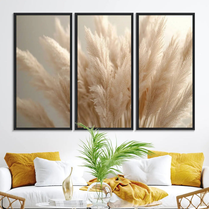 A set of elegant Pampas Grass Canvas Wall Art in soft, neutral tones enhances the dark wall, adding charm to the minimalist decor style.