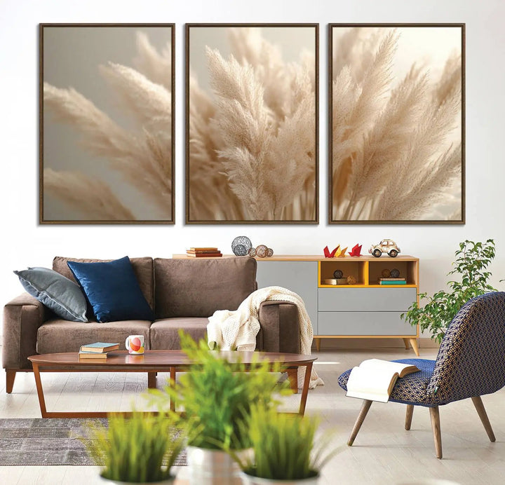 A set of elegant Pampas Grass Canvas Wall Art in soft, neutral tones enhances the dark wall, adding charm to the minimalist decor style.