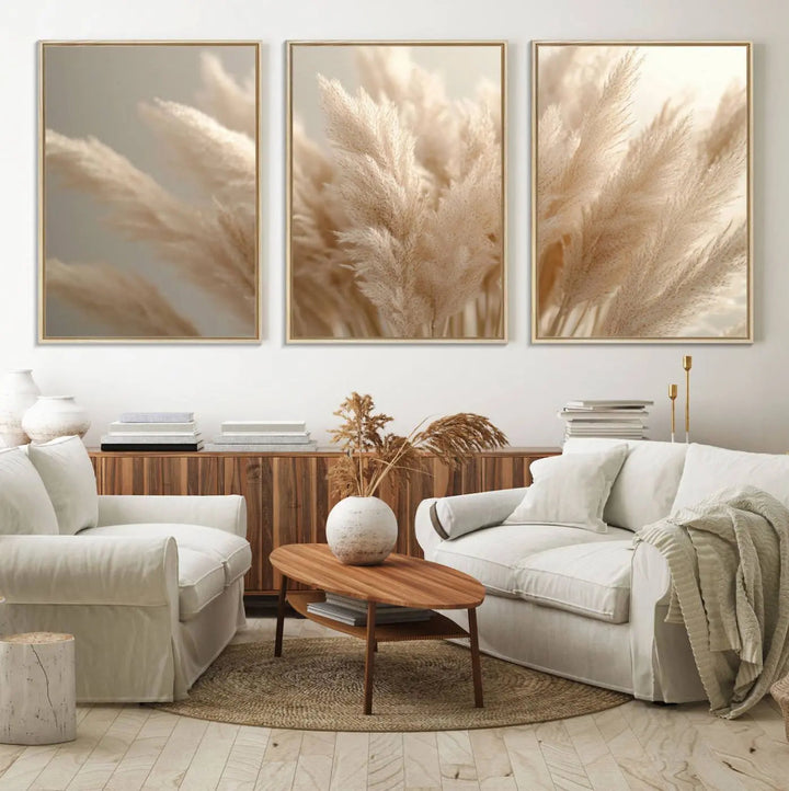 A set of elegant Pampas Grass Canvas Wall Art in soft, neutral tones enhances the dark wall, adding charm to the minimalist decor style.