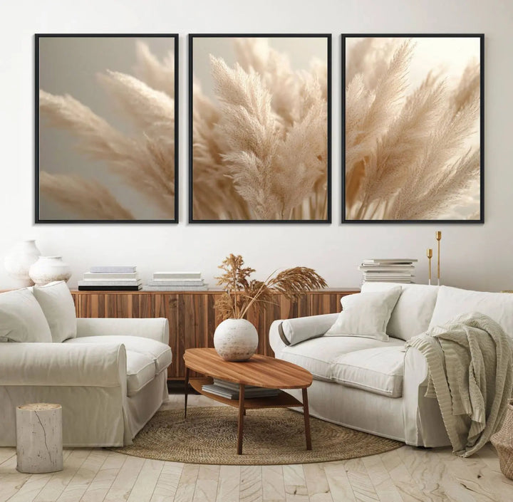 A set of elegant Pampas Grass Canvas Wall Art in soft, neutral tones enhances the dark wall, adding charm to the minimalist decor style.
