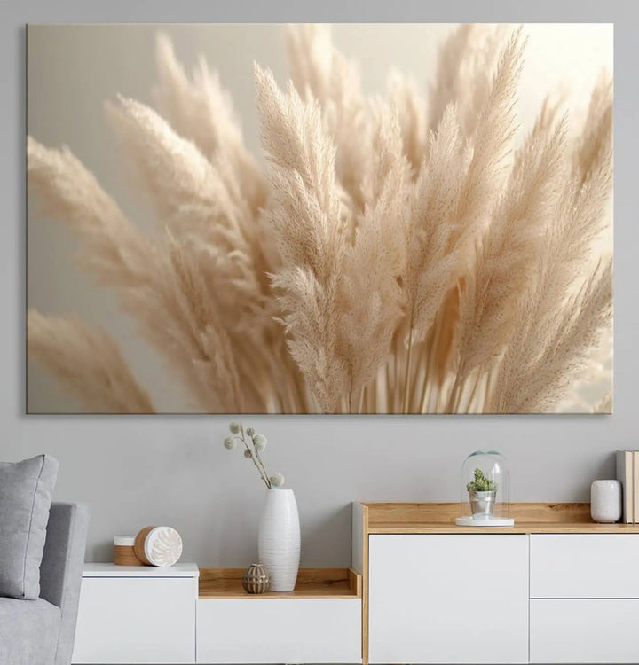Pampas Grass Canvas Wall Art - Elegant Neutral Decor for Living Room, Boho Minimalist Artwork, Ready to Hang