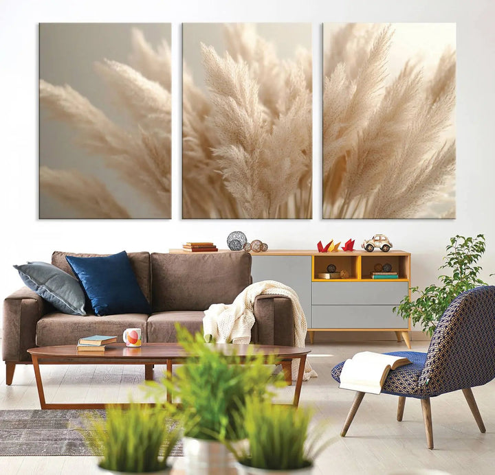 Pampas Grass Canvas Wall Art - Elegant Neutral Decor for Living Room, Boho Minimalist Artwork, Ready to Hang