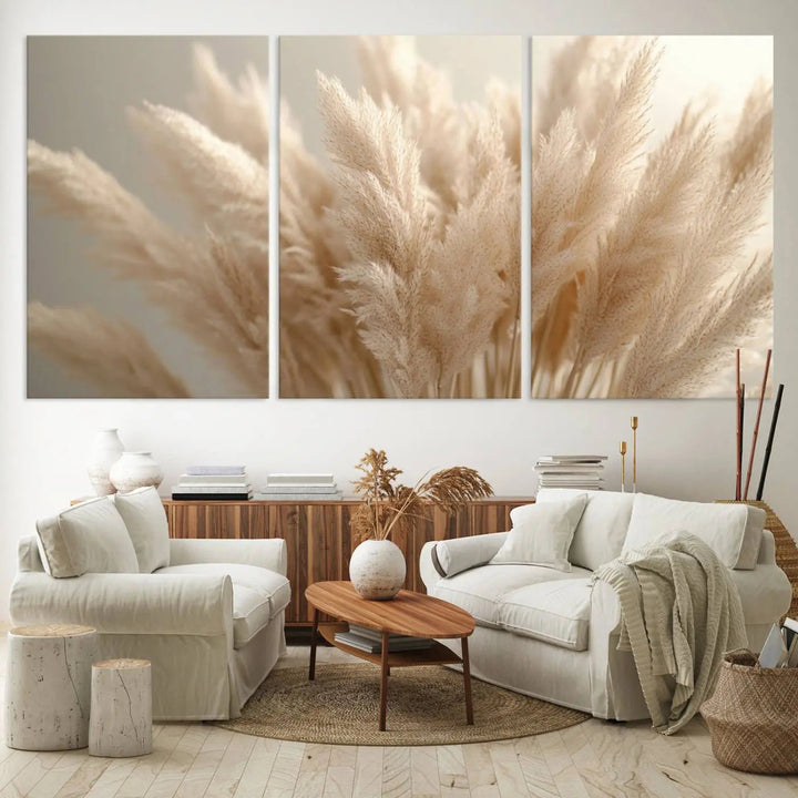 Pampas Grass Canvas Wall Art - Elegant Neutral Decor for Living Room, Boho Minimalist Artwork, Ready to Hang