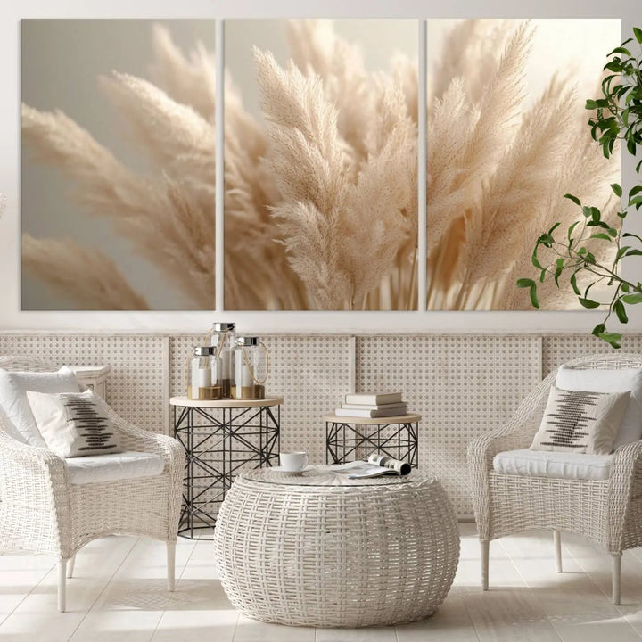Pampas Grass Canvas Wall Art - Elegant Neutral Decor for Living Room, Boho Minimalist Artwork, Ready to Hang