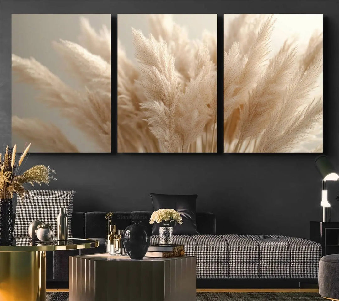 Pampas Grass Canvas Wall Art - Elegant Neutral Decor for Living Room, Boho Minimalist Artwork, Ready to Hang