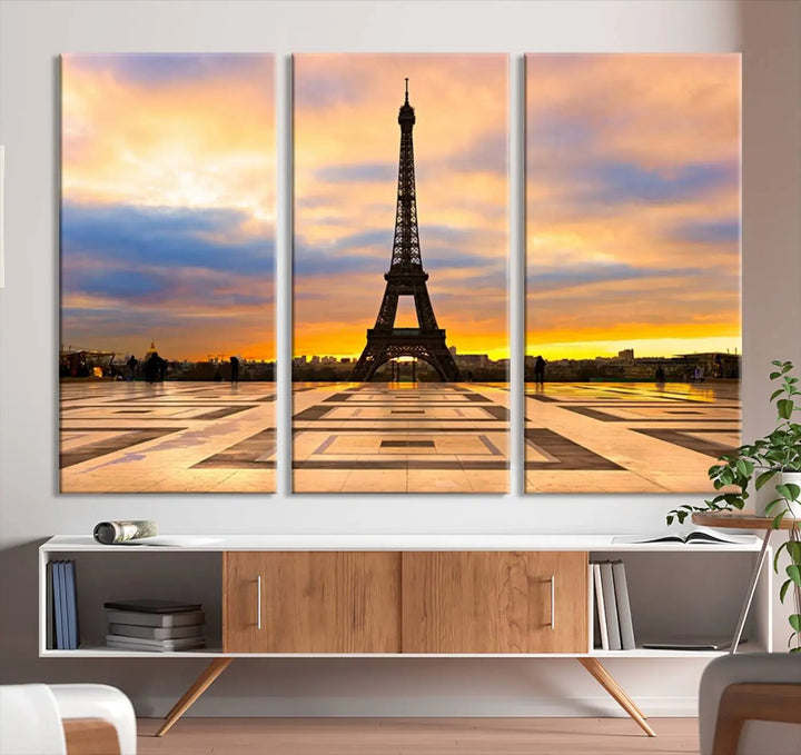 Paris Eiffel Tower Sunset Canvas Wall Art Print - Iconic Landmark Decor with Vibrant Colors