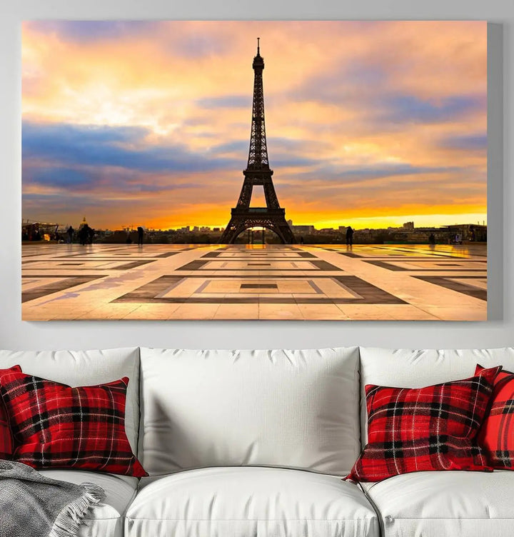 Paris Eiffel Tower Sunset Canvas Wall Art Print - Iconic Landmark Decor with Vibrant Colors