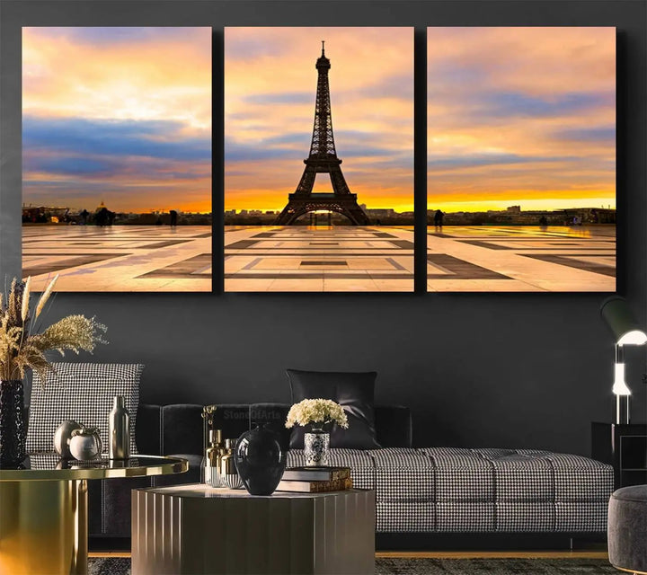 Paris Eiffel Tower Sunset Canvas Wall Art Print - Iconic Landmark Decor with Vibrant Colors