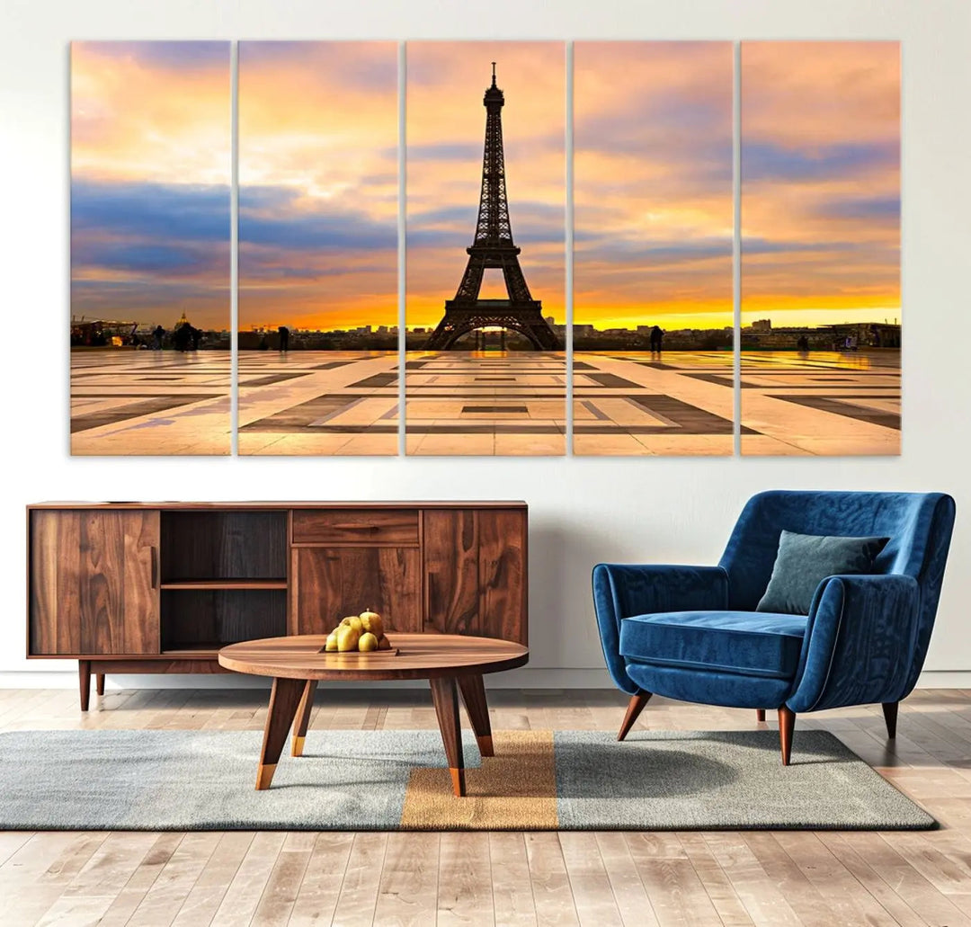 A captivating Paris Eiffel Tower Sunset Canvas Wall Art Print, featuring vibrant colors and showcasing the iconic landmark, is elegantly displayed in a frame on a wooden wall.