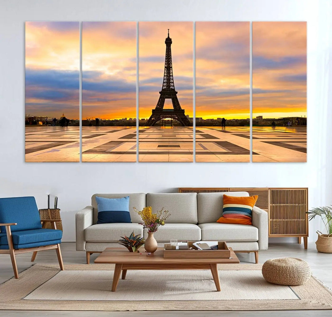 A captivating Paris Eiffel Tower Sunset Canvas Wall Art Print, featuring vibrant colors and showcasing the iconic landmark, is elegantly displayed in a frame on a wooden wall.