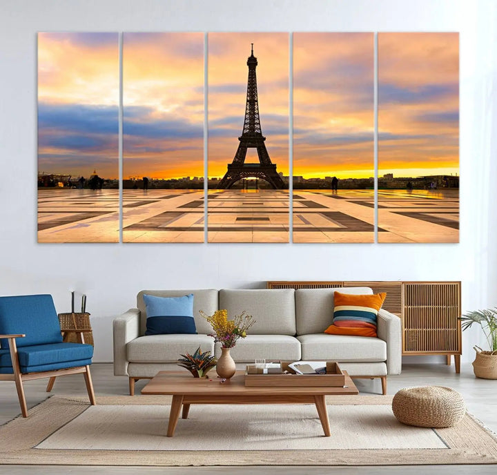 A captivating Paris Eiffel Tower Sunset Canvas Wall Art Print, featuring vibrant colors and showcasing the iconic landmark, is elegantly displayed in a frame on a wooden wall.
