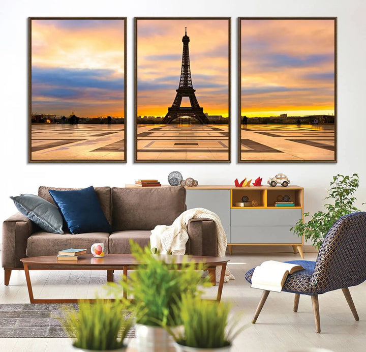 A captivating Paris Eiffel Tower Sunset Canvas Wall Art Print, featuring vibrant colors and showcasing the iconic landmark, is elegantly displayed in a frame on a wooden wall.