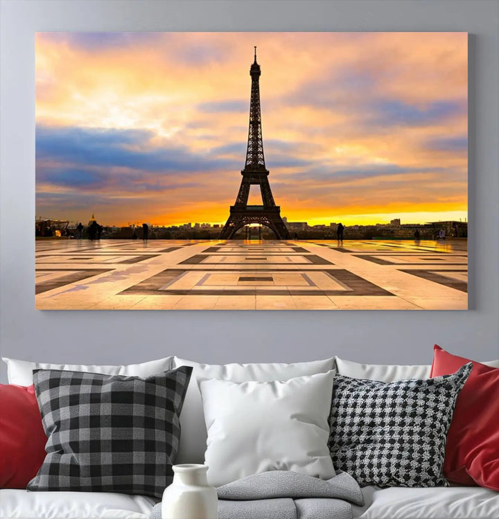 Paris Eiffel Tower Sunset Canvas Wall Art Print - Iconic Landmark Decor with Vibrant Colors