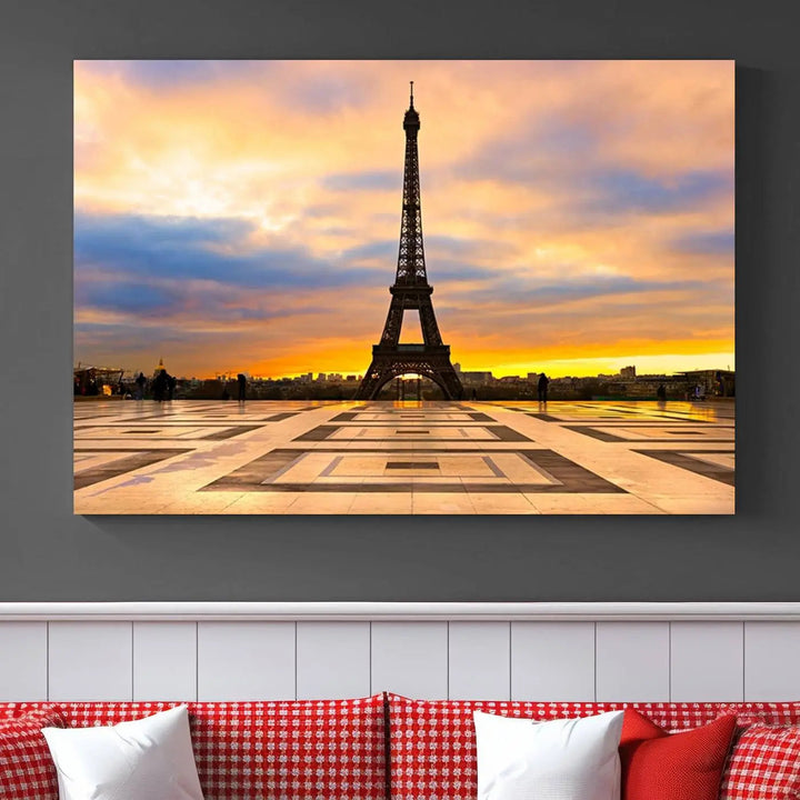 Paris Eiffel Tower Sunset Canvas Wall Art Print - Iconic Landmark Decor with Vibrant Colors