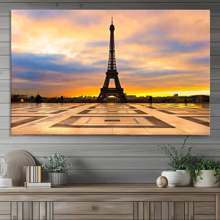Paris Eiffel Tower Sunset Canvas Wall Art Print - Iconic Landmark Decor with Vibrant Colors