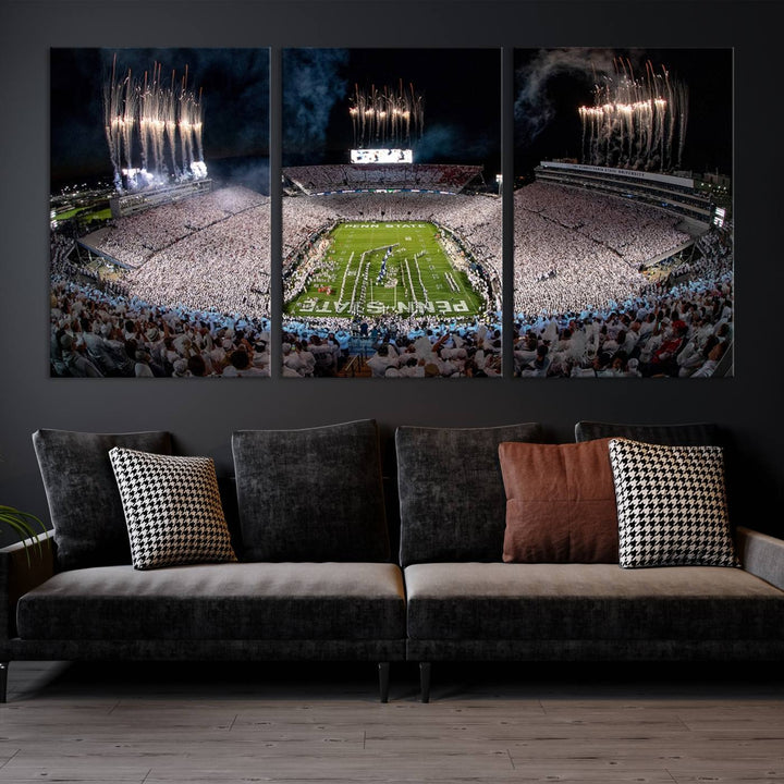 The Penn Stadium Football Wall Art Canvas Print showcases the lively ambiance of a bustling Pennsylvania University football stadium illuminated by fireworks.