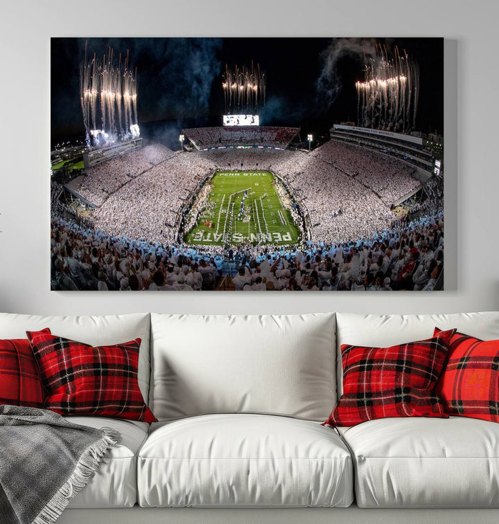 The Penn Stadium Football Wall Art Canvas Print showcases the lively ambiance of a bustling Pennsylvania University football stadium illuminated by fireworks.