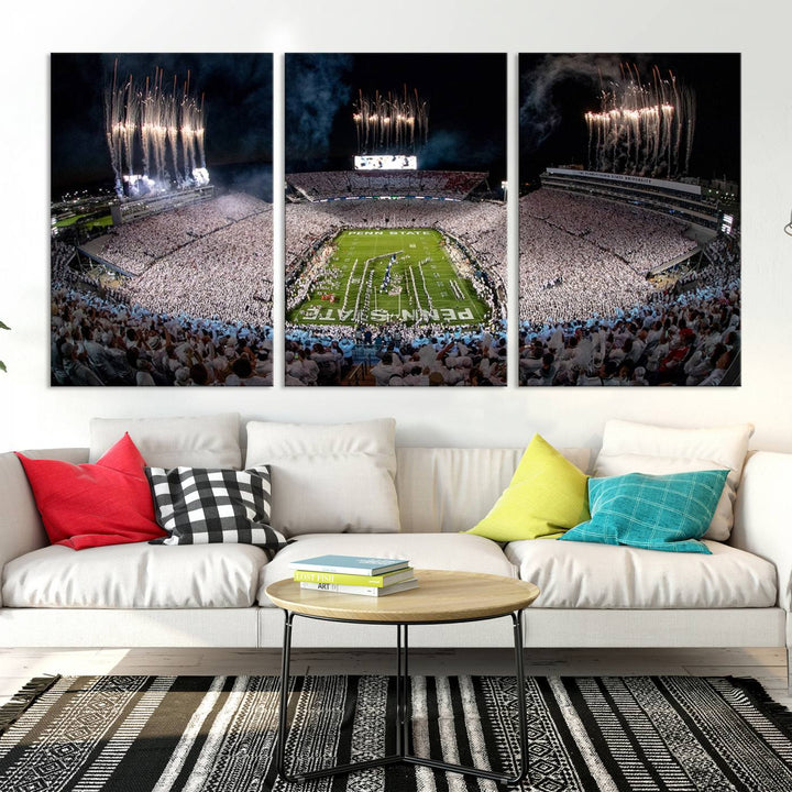 The Penn Stadium Football Wall Art Canvas Print showcases the lively ambiance of a bustling Pennsylvania University football stadium illuminated by fireworks.