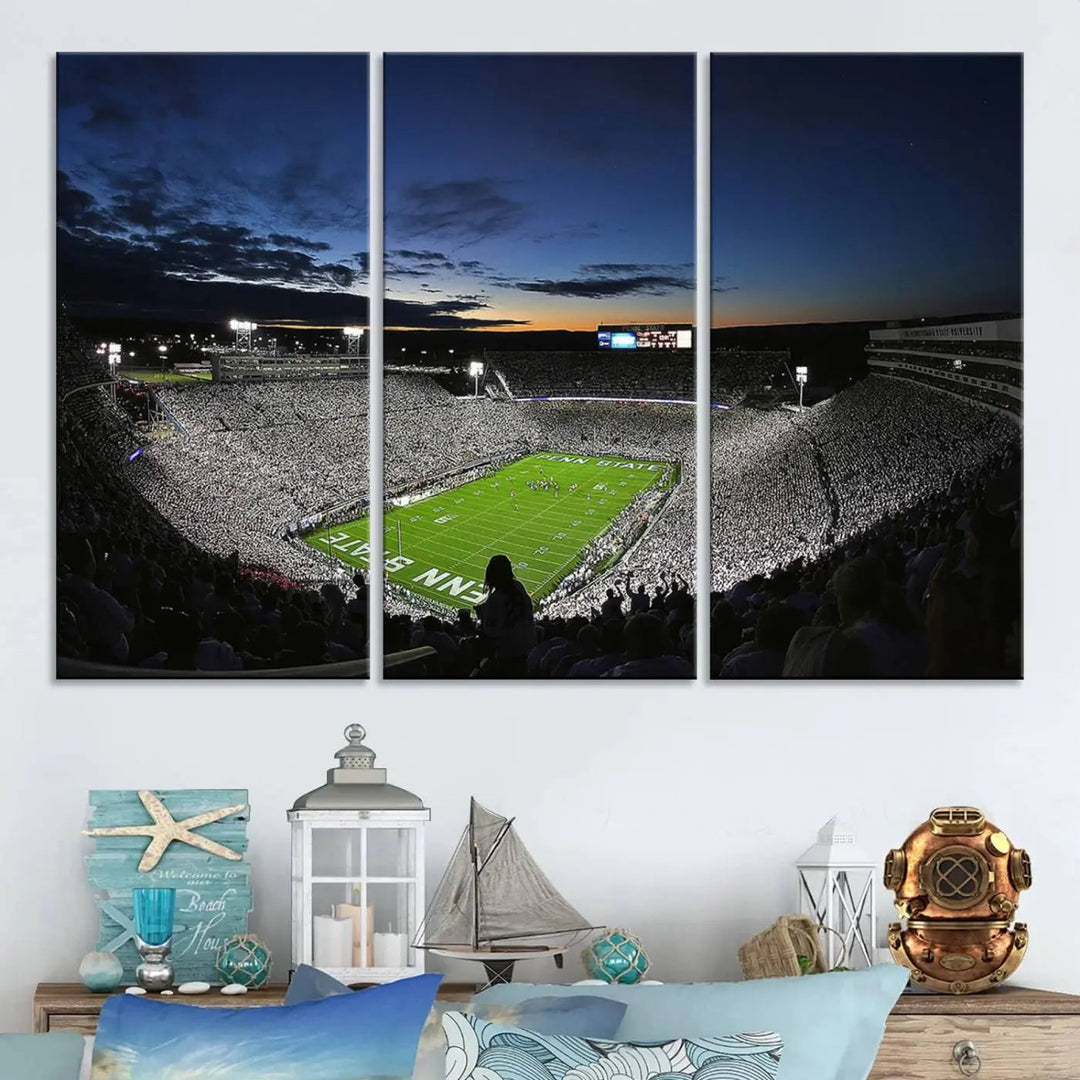 Featuring a triptych of the Penn State Nittany Lions Football Team, this University Park Beaver Stadium wall art print showcases a gallery-quality finish on premium canvas, enhancing the atmosphere of any room.