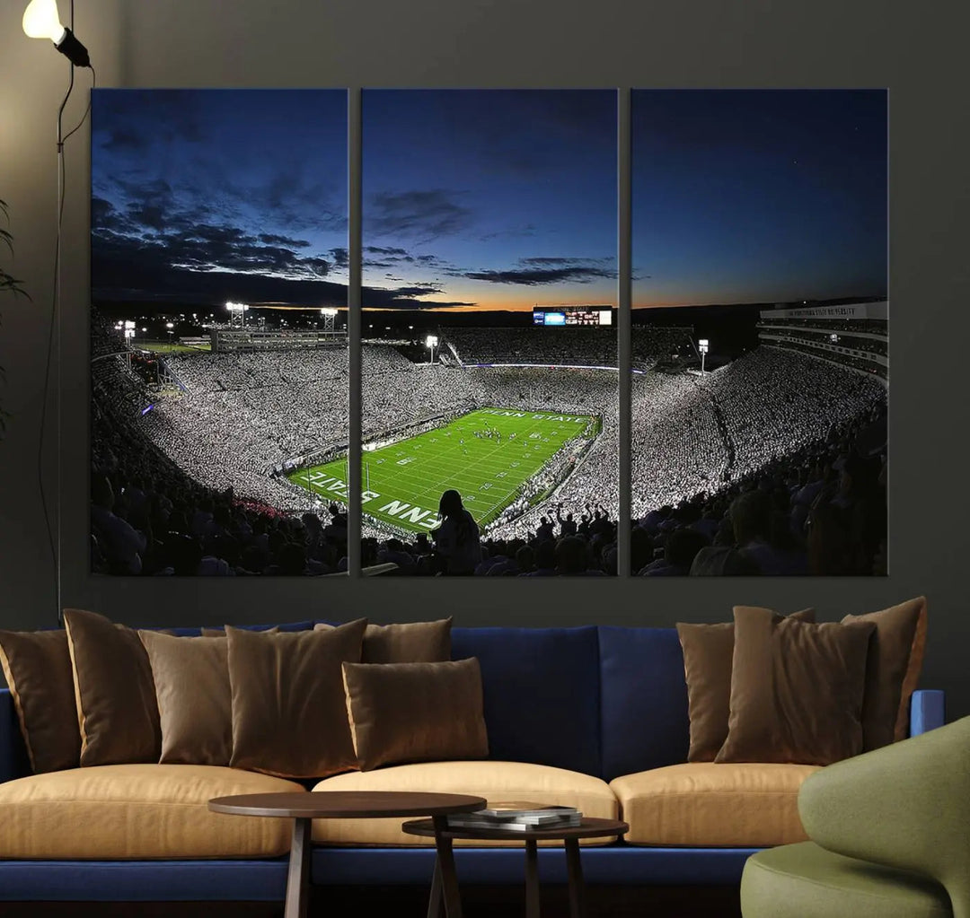 Featuring a triptych of the Penn State Nittany Lions Football Team, this University Park Beaver Stadium wall art print showcases a gallery-quality finish on premium canvas, enhancing the atmosphere of any room.