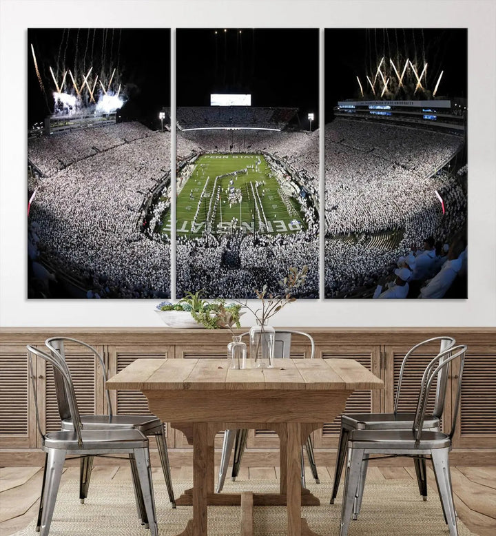 A gallery-quality finish highlights the Penn State Nittany Lions Football Team Print, featuring a packed University Park Beaver Stadium with fireworks.