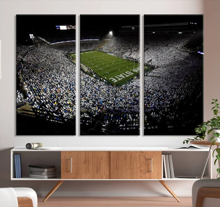 A print of the Penn State Nittany Lions football team, showcasing University Park's Beaver Stadium at night with a gallery-quality finish.