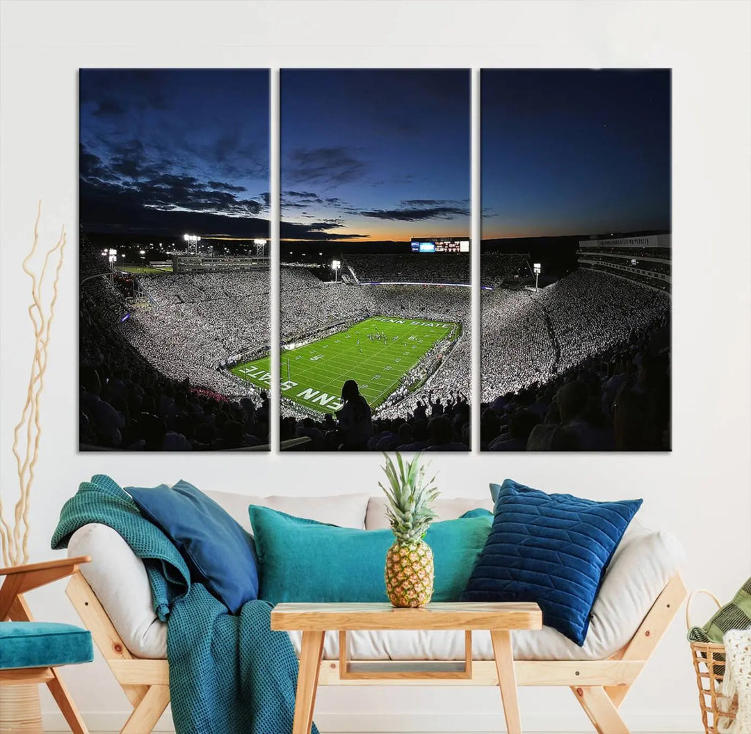 Featuring a triptych of the Penn State Nittany Lions Football Team, this University Park Beaver Stadium wall art print showcases a gallery-quality finish on premium canvas, enhancing the atmosphere of any room.