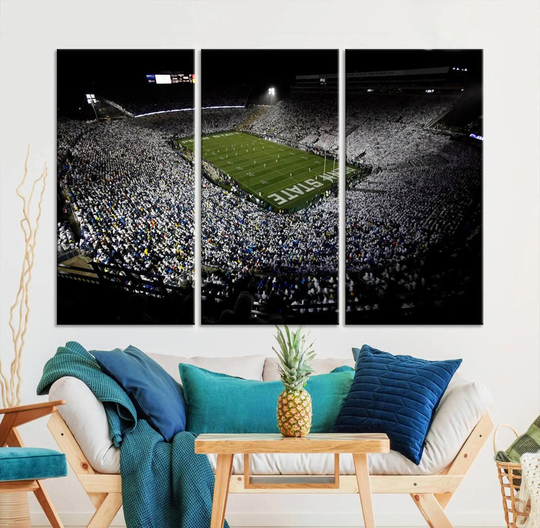 A print of the Penn State Nittany Lions football team, showcasing University Park's Beaver Stadium at night with a gallery-quality finish.