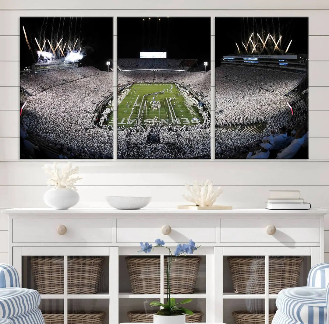 A gallery-quality finish highlights the Penn State Nittany Lions Football Team Print, featuring a packed University Park Beaver Stadium with fireworks.