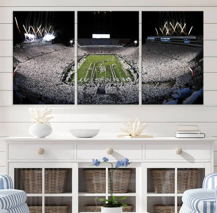 A gallery-quality finish highlights the Penn State Nittany Lions Football Team Print, featuring a packed University Park Beaver Stadium with fireworks.