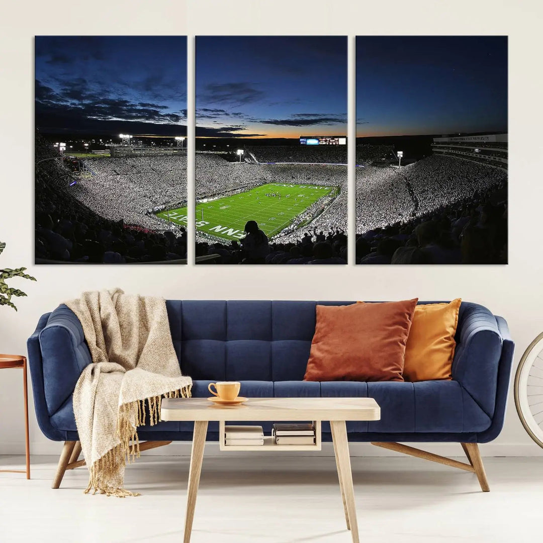 Featuring a triptych of the Penn State Nittany Lions Football Team, this University Park Beaver Stadium wall art print showcases a gallery-quality finish on premium canvas, enhancing the atmosphere of any room.