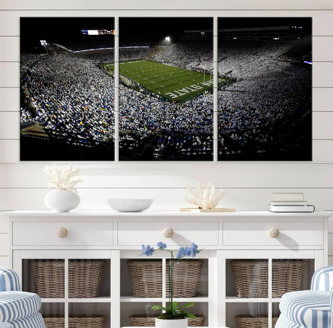 A print of the Penn State Nittany Lions football team, showcasing University Park's Beaver Stadium at night with a gallery-quality finish.