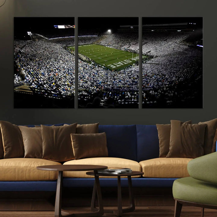 A print of the Penn State Nittany Lions football team, showcasing University Park's Beaver Stadium at night with a gallery-quality finish.