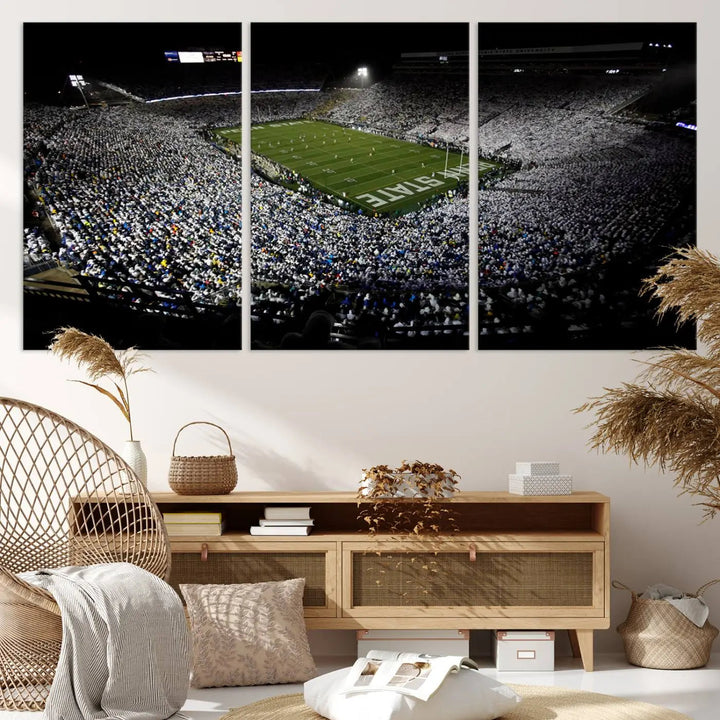 A print of the Penn State Nittany Lions football team, showcasing University Park's Beaver Stadium at night with a gallery-quality finish.