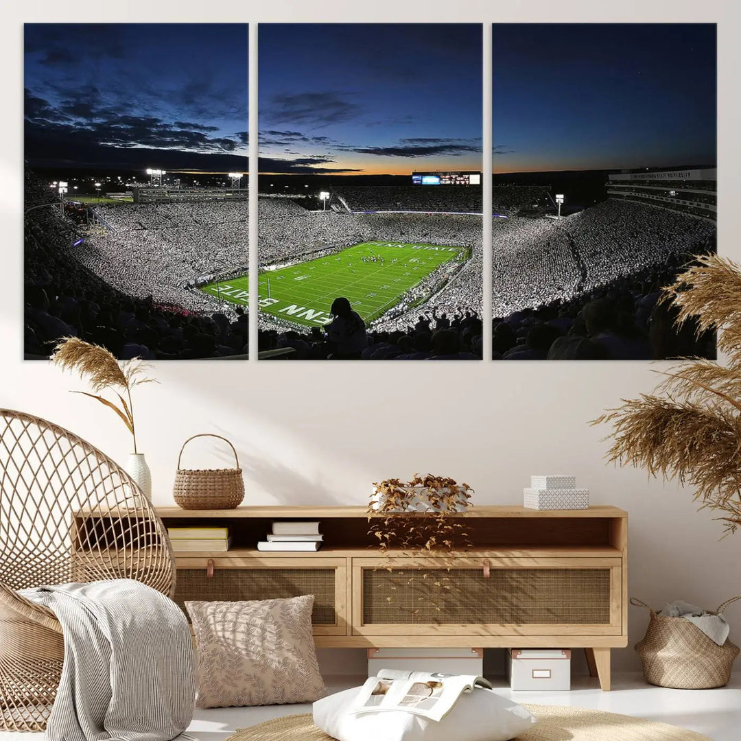 Featuring a triptych of the Penn State Nittany Lions Football Team, this University Park Beaver Stadium wall art print showcases a gallery-quality finish on premium canvas, enhancing the atmosphere of any room.