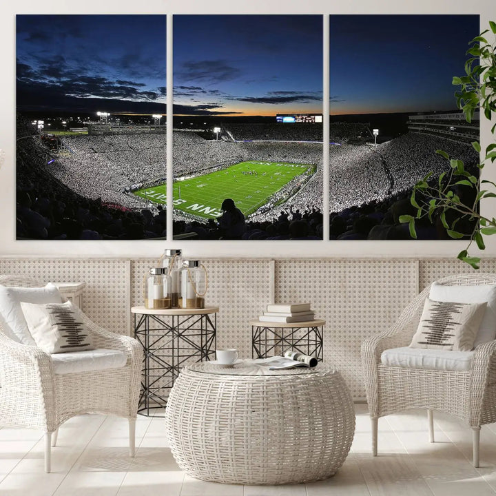 Featuring a triptych of the Penn State Nittany Lions Football Team, this University Park Beaver Stadium wall art print showcases a gallery-quality finish on premium canvas, enhancing the atmosphere of any room.