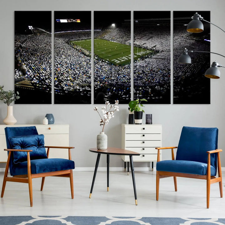 A print of the Penn State Nittany Lions football team, showcasing University Park's Beaver Stadium at night with a gallery-quality finish.