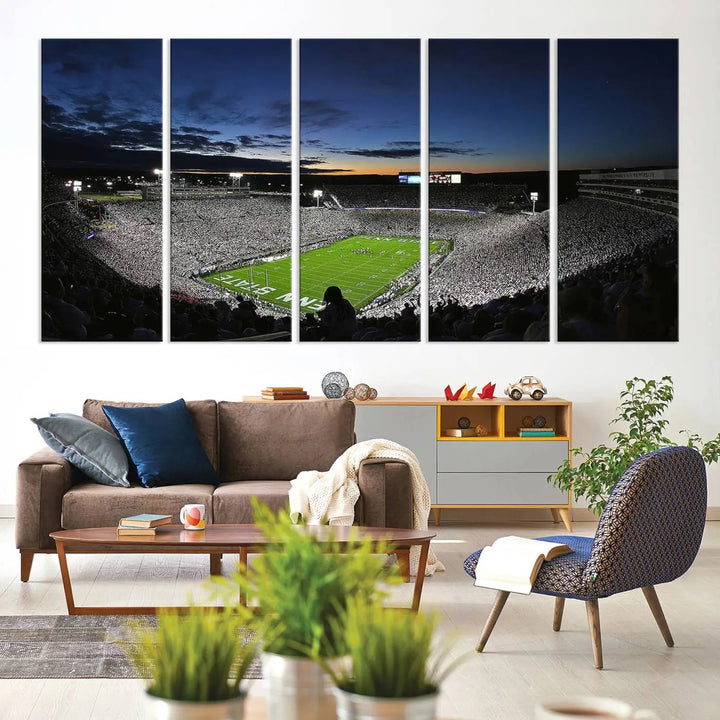 Featuring a triptych of the Penn State Nittany Lions Football Team, this University Park Beaver Stadium wall art print showcases a gallery-quality finish on premium canvas, enhancing the atmosphere of any room.