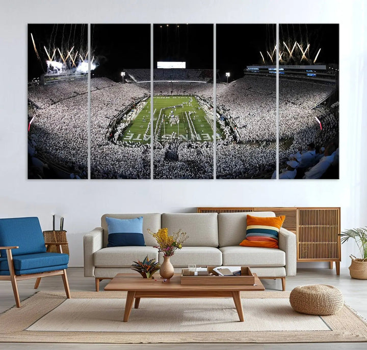 A gallery-quality finish highlights the Penn State Nittany Lions Football Team Print, featuring a packed University Park Beaver Stadium with fireworks.