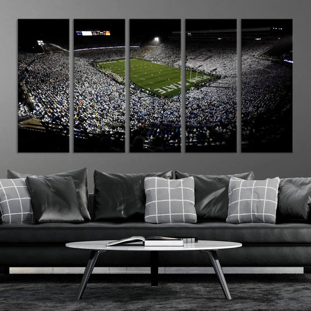 A print of the Penn State Nittany Lions football team, showcasing University Park's Beaver Stadium at night with a gallery-quality finish.