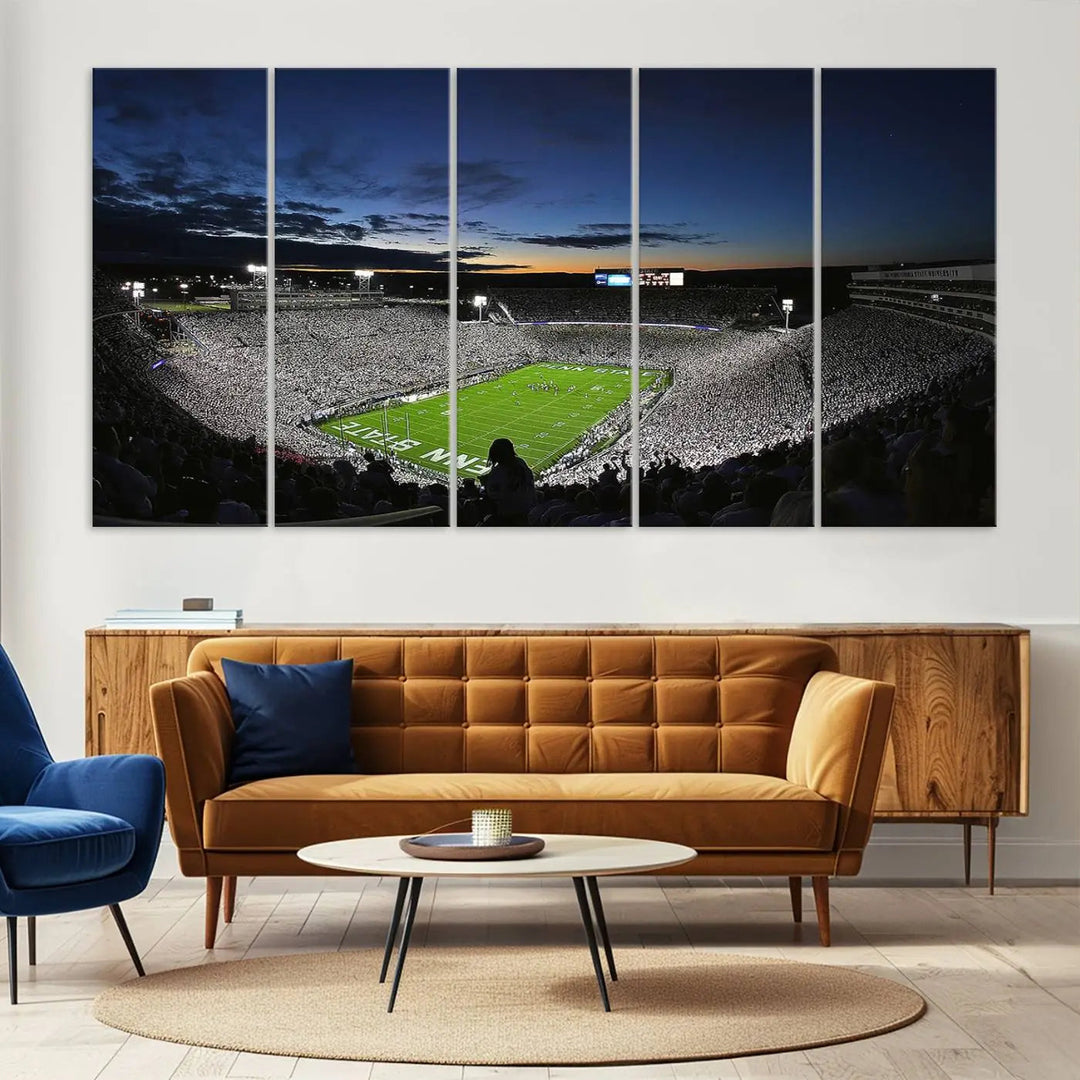 Featuring a triptych of the Penn State Nittany Lions Football Team, this University Park Beaver Stadium wall art print showcases a gallery-quality finish on premium canvas, enhancing the atmosphere of any room.