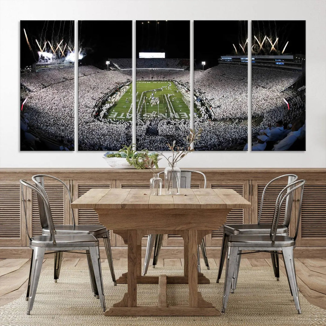 A gallery-quality finish highlights the Penn State Nittany Lions Football Team Print, featuring a packed University Park Beaver Stadium with fireworks.