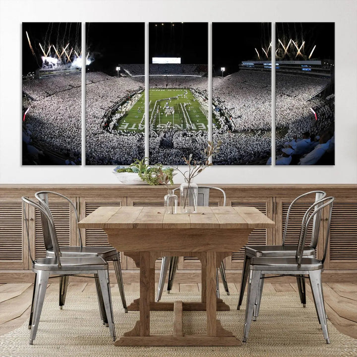 A gallery-quality finish highlights the Penn State Nittany Lions Football Team Print, featuring a packed University Park Beaver Stadium with fireworks.