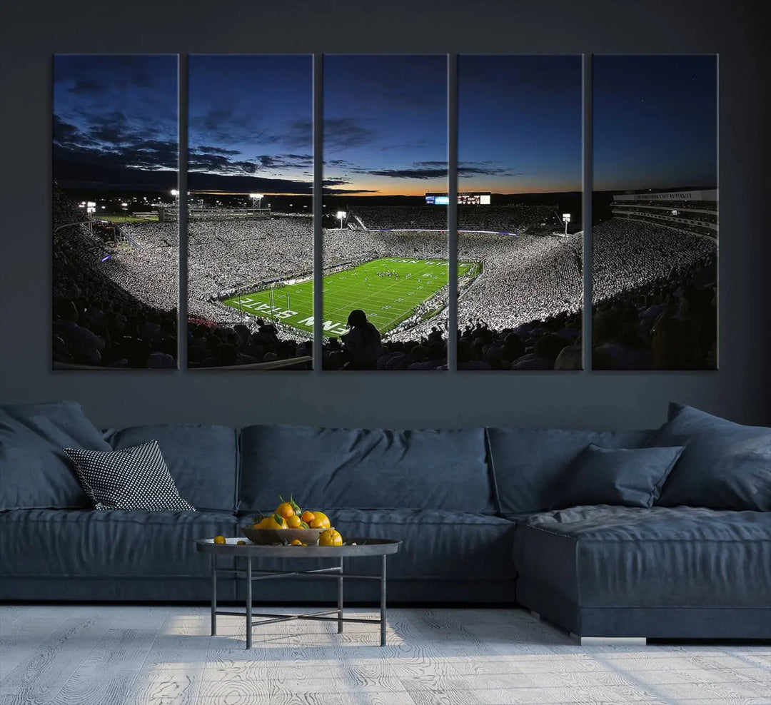 Featuring a triptych of the Penn State Nittany Lions Football Team, this University Park Beaver Stadium wall art print showcases a gallery-quality finish on premium canvas, enhancing the atmosphere of any room.