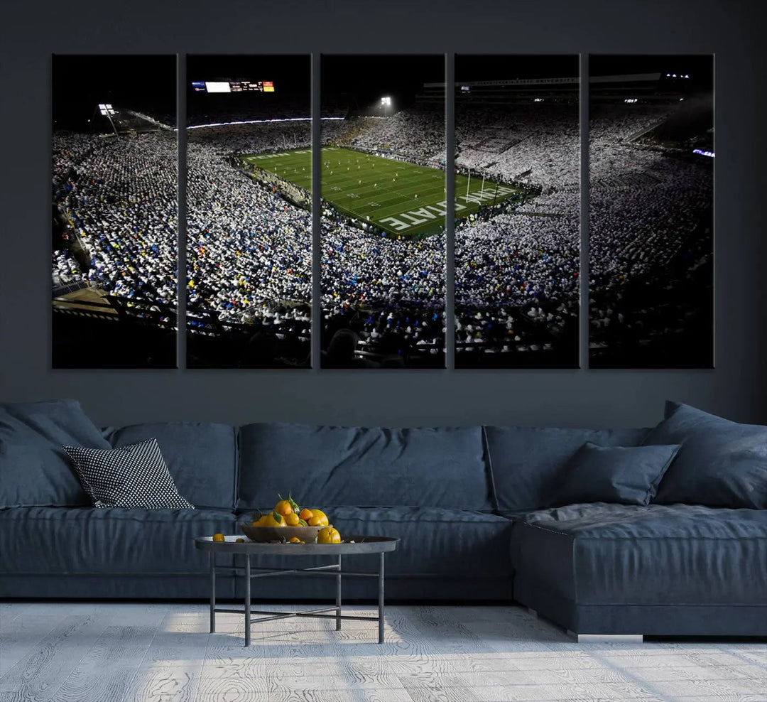 A print of the Penn State Nittany Lions football team, showcasing University Park's Beaver Stadium at night with a gallery-quality finish.