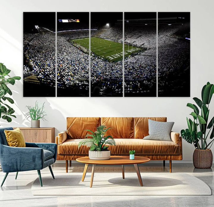 A print of the Penn State Nittany Lions football team, showcasing University Park's Beaver Stadium at night with a gallery-quality finish.